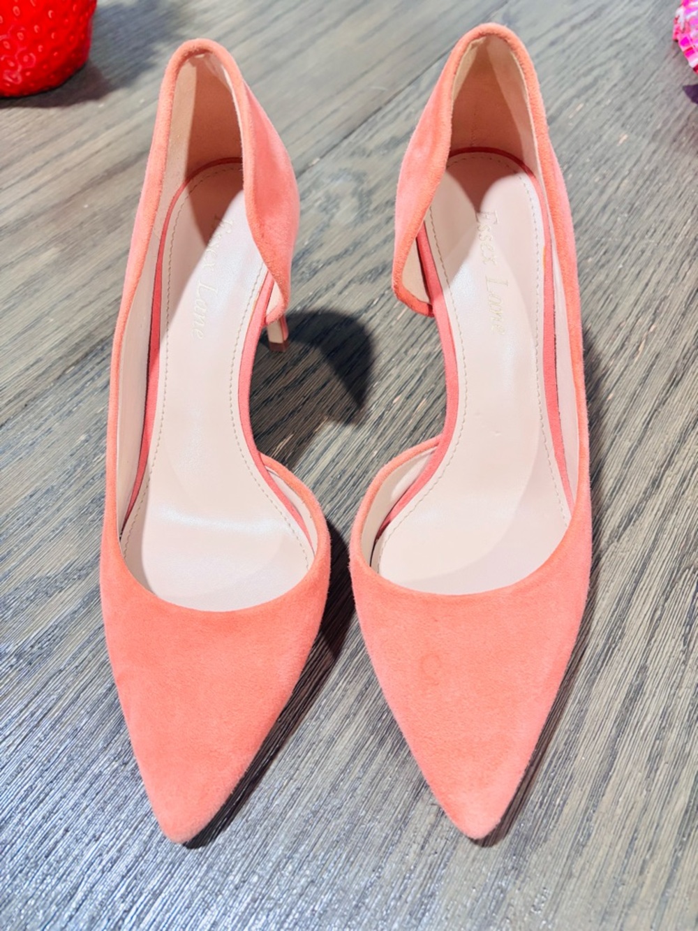 Essex Lane Coral Pink Suede Pointed Toe Pumps